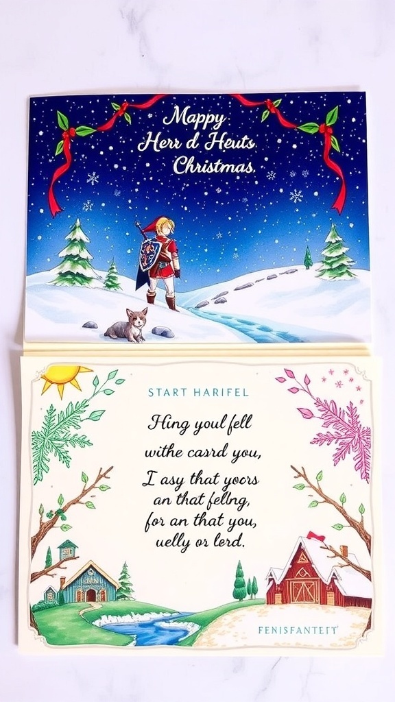 Zelda-themed Christmas card with Link in a snowy setting, decorated with festive elements.